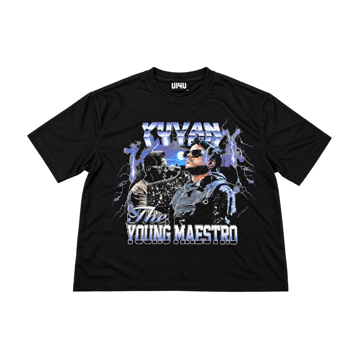 The Young Maestro tee by U14U, black tee with Yuvan portrait print, front