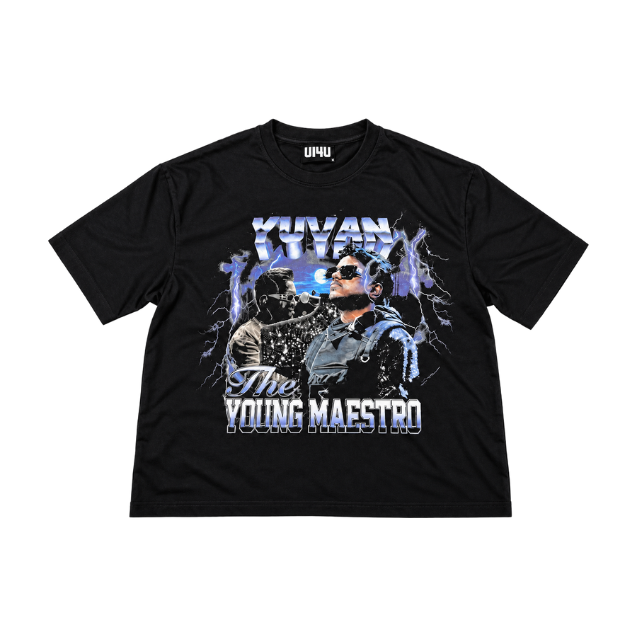 The Young Maestro tee by U14U, black tee with Yuvan portrait print, front