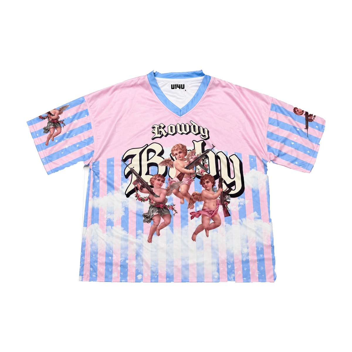 Cupid's Chaos Jersey by U14U, pink and blue striped jersey with cherub print, front