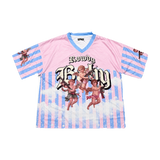 Cupid's Chaos Jersey by U14U, pink and blue striped jersey with cherub print, front