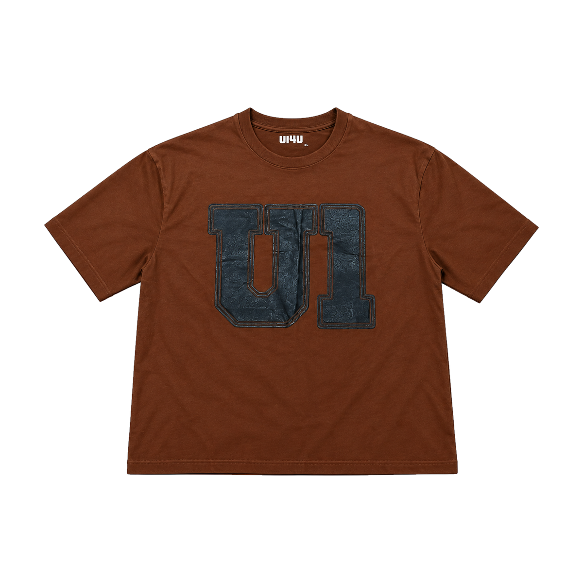 Espresso Tracklist Tee by U14U, brown tee with denim U1 patch, front