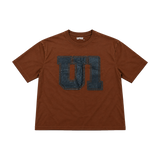 Espresso Tracklist Tee by U14U, brown tee with denim U1 patch, front