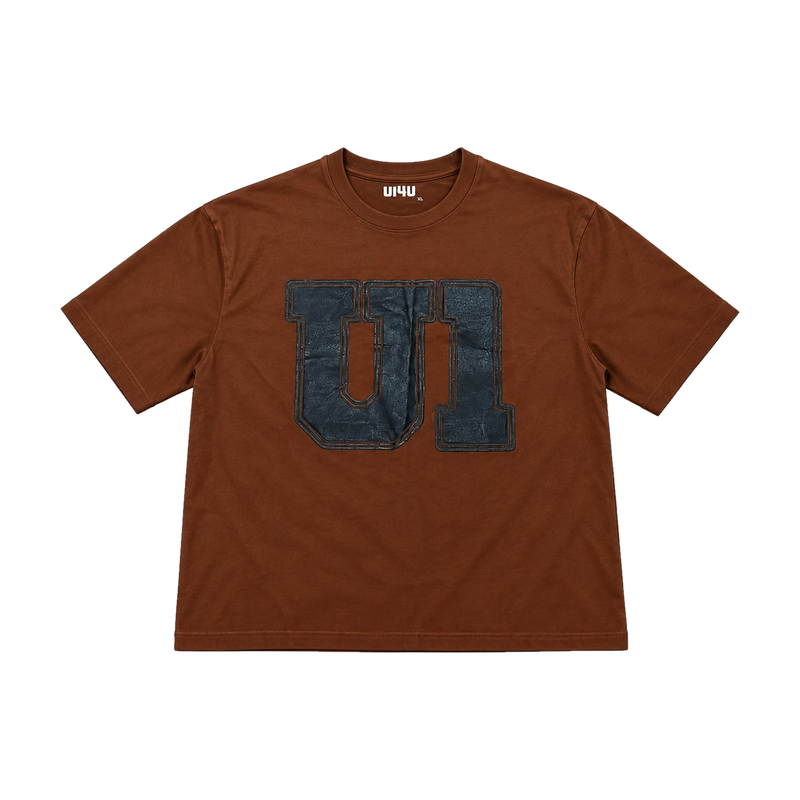 Espresso Tracklist Tee by U14U, brown tee with denim U1 patch, front