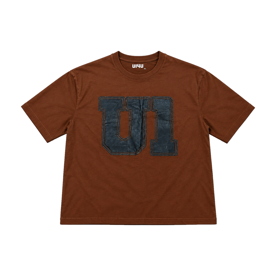 Espresso Tracklist Tee by U14U, brown tee with denim U1 patch, front