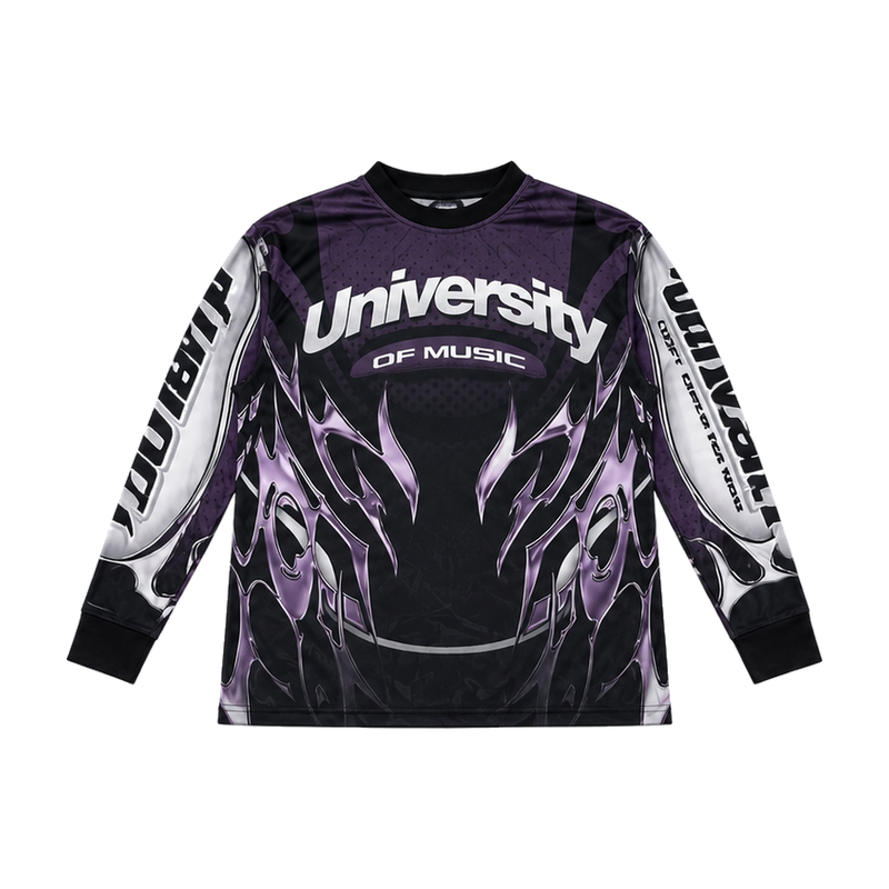 U1niversity of Music Jersey by U14U, purple and black long-sleeve jersey, front