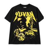 Broken Hearts Club Tee by U14U, black tee with yellow Yuvan Lokal Penne print, front