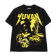 Broken Hearts Club Tee by U14U, black tee with yellow Yuvan Lokal Penne print, front