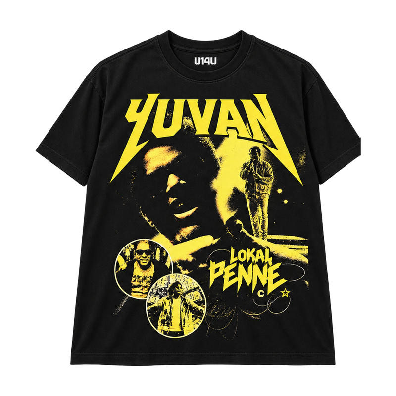 Broken Hearts Club Tee by U14U, black tee with yellow Yuvan Lokal Penne print, front